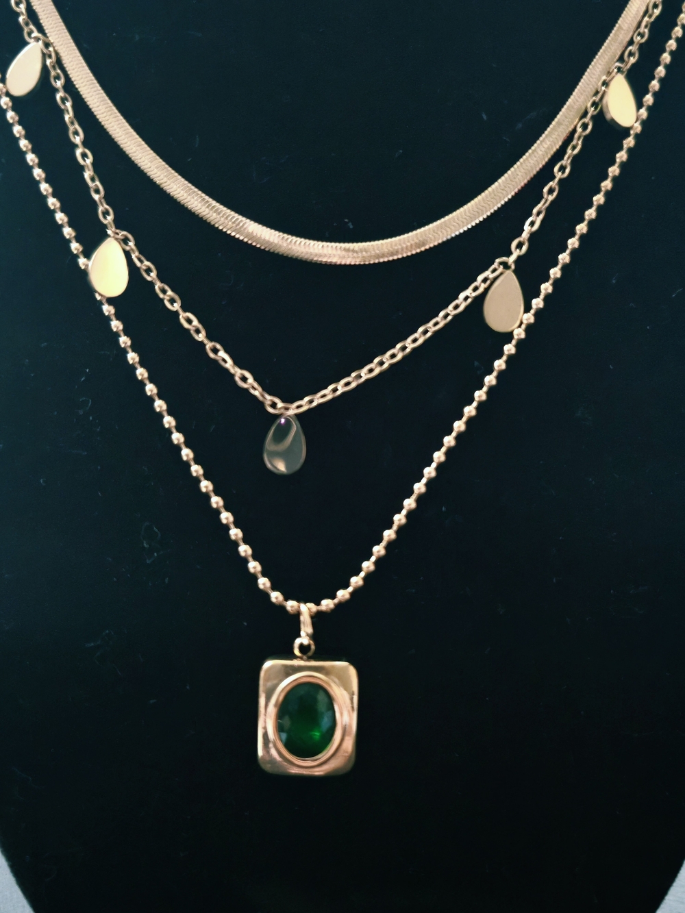 18K Gold Layered Necklace w/ Green Zircon Accent (B002) - Picture 5 of 12